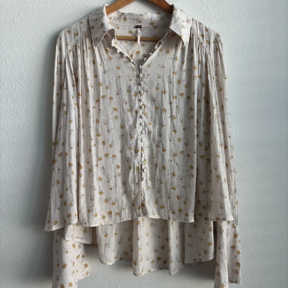 Free People Modern Muse White and Yellow Floral Button Down Blouse High Low Top